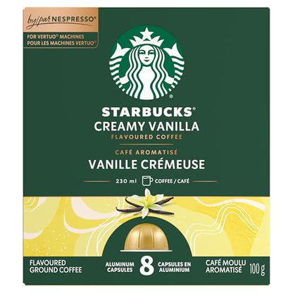Starbucks for Nespresso Vertuo Creamy Vanilla Coffee Capsules, Flavoured Blonde Roast, Aluminium, 8 Count, Mug (7.7 oz / 230ml), Pods with Sweet Vanilla and Biscuit Notes