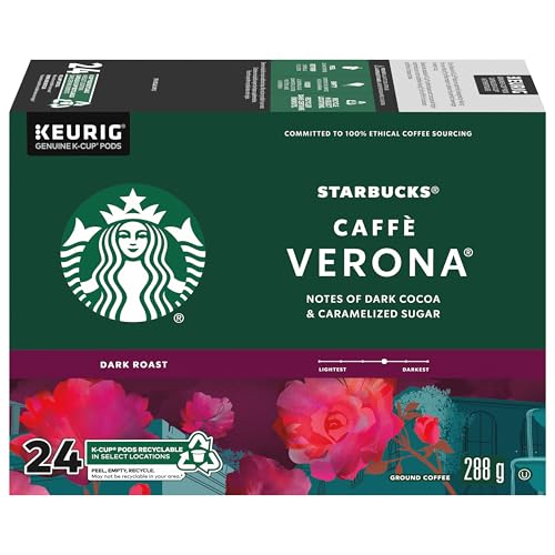 Starbucks Caffe Verona Coffee Pods, Keurig K-Cup Compatible Capsules, Rich Dark Roast, 24 Count, Full-Bodied Dark Roast with Roasty Sweet Profile
