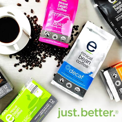 Ethical Bean Coffee Decaf Whole Bean Coffee, Dark Roast, Certified Organic, Fairtrade, Kosher, 12 oz (340g), Swiss Water Process Caffeine-Free Beans with All-Mouthfeel and Sweet Finish