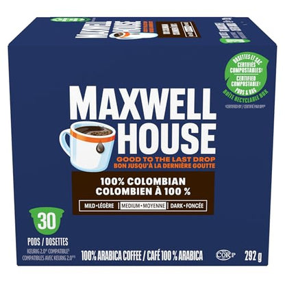 Maxwell House 100% Colombian Coffee Pods, Keurig K-Cup Compatible Capsules, Medium Roast, 30 Count, Balanced Single Origin Taste with Distinctive Aromatics