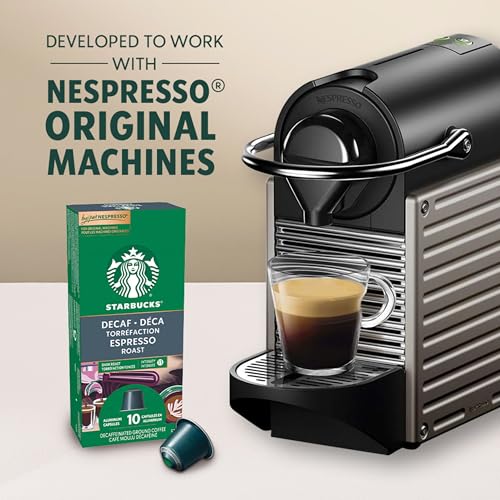 Starbucks by Nespresso Decaf Espresso Roast Coffee Capsules, OriginalLine Compatible, Dark Roast Decaffeinated, Aluminium, 50 Count (5 x 10), Bold Caffeine-Free Pods for Latte