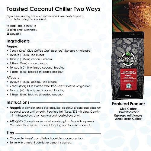 Club Coffee Craft Roasters Espresso Artigianale Whole Bean Coffee, Dark Roast, 2 lb (907g), Authentic Italian Style Beans for Rich Espresso and Creamy Latte