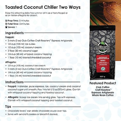 Club Coffee Craft Roasters Espresso Artigianale Whole Bean Coffee, Dark Roast, 2 lb (907g), Authentic Italian Style Beans for Rich Espresso and Creamy Latte
