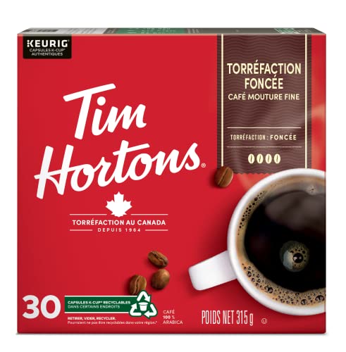 Tim Hortons Dark Roast Coffee Pods, Keurig K-Cup Compatible Capsules, Rich Dark Roast, 30 Count, Intense and Full-Bodied Dark Blend