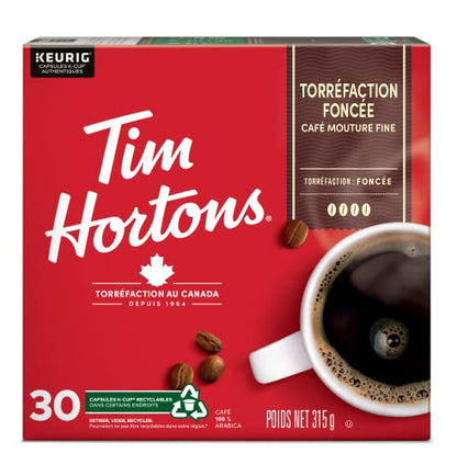 Tim Hortons Dark Roast Coffee Pods, Keurig K-Cup Compatible Capsules, Rich Dark Roast, 30 Count, Intense and Full-Bodied Dark Blend