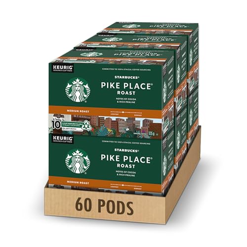 Starbucks Pike Place Roast Coffee Pods Bulk Pack, Keurig K-Cup Compatible Capsules, Medium Roast, 60 Count, Large Office Size Balanced Coffee