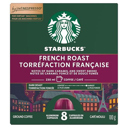 Starbucks for Nespresso Vertuo French Roast Coffee Capsules, Intense Dark Roast, Aluminium, 8 Count, Mug (7.7 oz / 230ml), Low-Acidity Pods with Dark Caramel and Sweet Smoke Notes