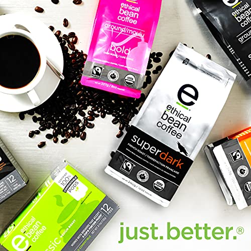 Ethical Bean Coffee Superdark Whole Bean Coffee Bulk Pack, Ultra-Dark Roast, Certified Organic, Fairtrade, Kosher, 12 oz (340g), Case of 6 Bags, Powerful Heavy-Bodied Extreme Roast Beans
