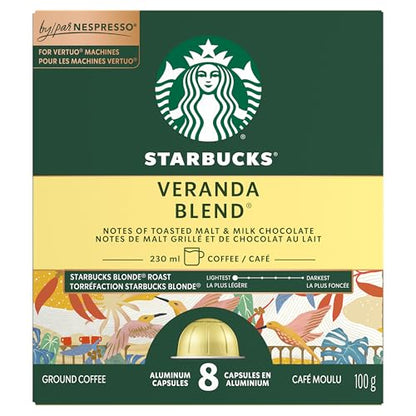 Starbucks for Nespresso Vertuo Veranda Blend Coffee Capsules, Blonde Roast, Aluminium, 8 Count, Mug (7.7 oz / 230ml), Mellow and Soft Pods with Sweet Cocoa Notes