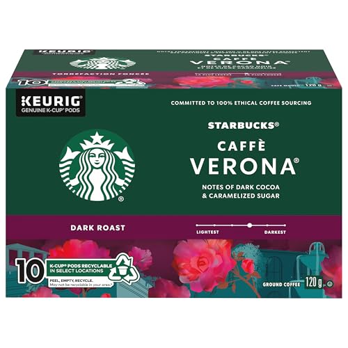 Starbucks Caffe Verona Coffee Pods, Keurig K-Cup Compatible Capsules, Rich Dark Roast, 10 Count, Bold Espresso Profile with Sweet Dark Cocoa Notes