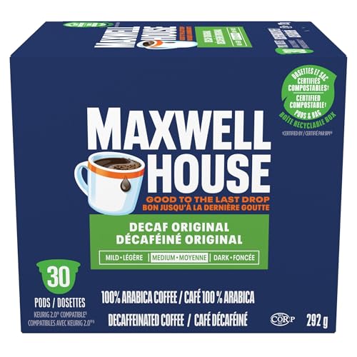 Maxwell House Decaffeinated Original Roast Coffee Pods Bulk Pack, Keurig K-Cup Compatible Capsules, Medium Roast Decaffeinated, 60 Count, Large Office Size Caffeine-Free Blend