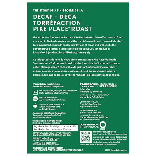 Starbucks Pike Place Decaf Coffee Pods, Keurig K-Cup Compatible Capsules, Medium Roast Decaffeinated, 24 Count, Signature Balanced Flavor Without Caffeine