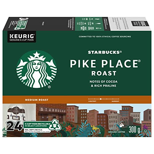 Starbucks Pike Place Roast Coffee Pods, Keurig K-Cup Compatible Capsules, Medium Roast, 24 Count, Classic Seattle Coffeehouse Recipe with Toasted Nut Notes