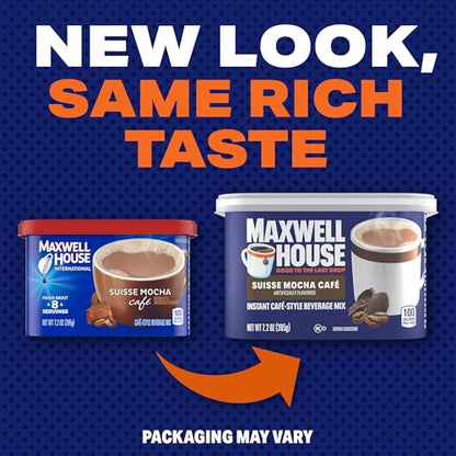 Maxwell House International Suisse Mocha Cafe Instant Beverage Mix, Cafe-Style Quick Coffee, 7.2 oz Canister, Kosher Dairy