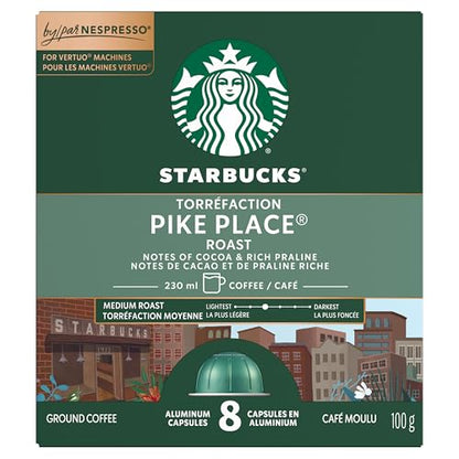 Starbucks for Nespresso Vertuo Pike Place Roast Coffee Capsules, Medium Roast, Aluminium, 8 Count, Mug (7.7 oz / 230ml), Smooth Pods with Chocolate and Toasted Nut Notes