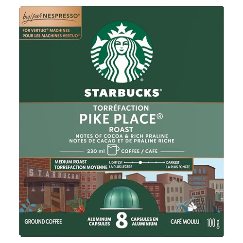 Starbucks for Nespresso Vertuo Pike Place Roast Coffee Capsules, Medium Roast, Aluminium, 8 Count, Mug (7.7 oz / 230ml), Smooth Pods with Chocolate and Toasted Nut Notes