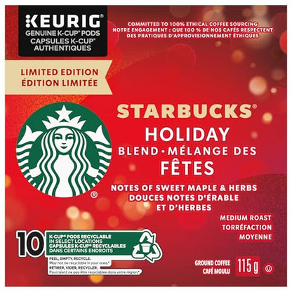 Starbucks Holiday Blend Coffee Pods, Keurig K-Cup Compatible Capsules, Limited Edition Medium Roast, 10 Count, Festive Seasonal Blend with Herbal Notes
