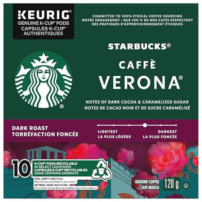 Starbucks Caffe Verona Coffee Pods, Keurig K-Cup Compatible Capsules, Rich Dark Roast, 10 Count, Bold Espresso Profile with Sweet Dark Cocoa Notes