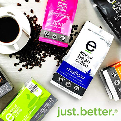 Ethical Bean Coffee Mellow Whole Bean Coffee Bulk Pack, Medium-Light Roast, Certified Organic, Fairtrade, Kosher, 12 oz (340g), Case of 6 Bags, Smooth and Light Nutty Breakfast Coffee