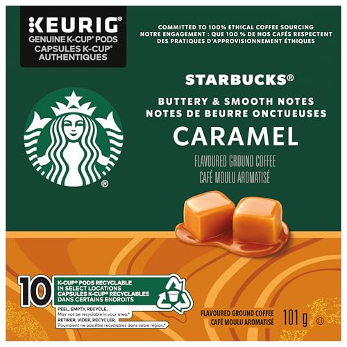 Starbucks Caramel Flavoured Coffee Pods, Keurig K-Cup Compatible Capsules, Light Roast, 10 Count, Sweet and Creamy Buttery Caramel Aromatics
