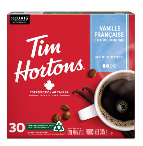 Tim Hortons French Vanilla Flavoured Coffee Pods, Keurig K-Cup Compatible Capsules, Light Roast, 30 Count, Sweet and Creamy Vanilla Aromatics