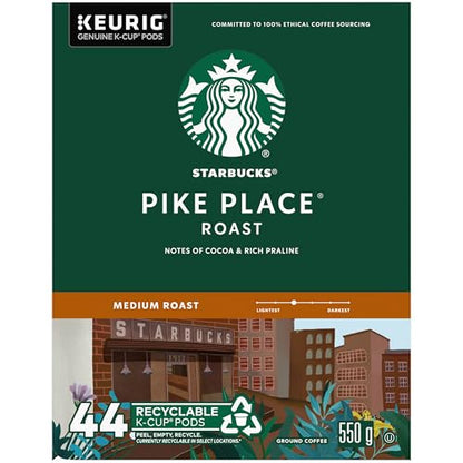 Starbucks Pike Place Roast Coffee Pods, Keurig K-Cup Compatible Capsules, Medium Roast, 44 Count, Value Pack Smooth Daily Multi-Origin Blend