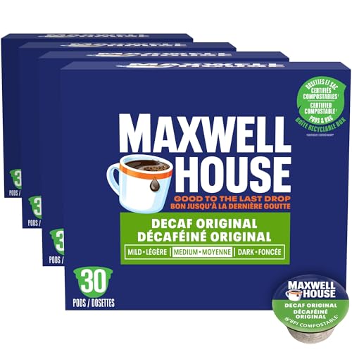Maxwell House Decaffeinated Original Roast Coffee Pods, Keurig K-Cup Compatible Capsules, Medium Roast Decaffeinated, 30 Count, Smooth Caffeine-Free Signature Blend