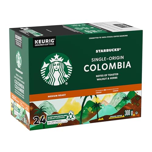 Starbucks Single Origin Colombia Coffee Pods, Keurig K-Cup Compatible Capsules, Medium Roast, 24 Count, Balanced and Round Single-Origin Taste with Juicy Notes