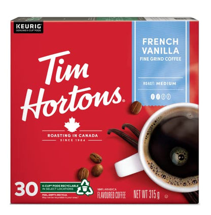 Tim Hortons French Vanilla Flavoured Coffee Pods, Keurig K-Cup Compatible Capsules, Light Roast, 30 Count, Sweet and Creamy Vanilla Aromatics