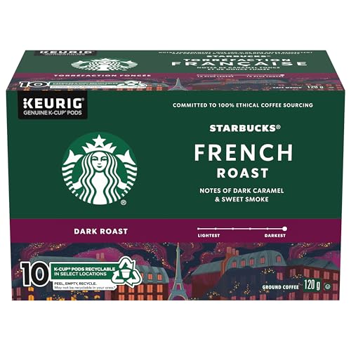 Starbucks French Roast Coffee Pods, Keurig K-Cup Compatible Capsules, Intense Dark Roast, 10 Count, Deep and Smoky Low-Acidity Finish