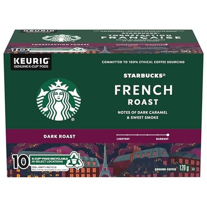 Starbucks French Roast Coffee Pods, Keurig K-Cup Compatible Capsules, Intense Dark Roast, 10 Count, Deep and Smoky Low-Acidity Finish