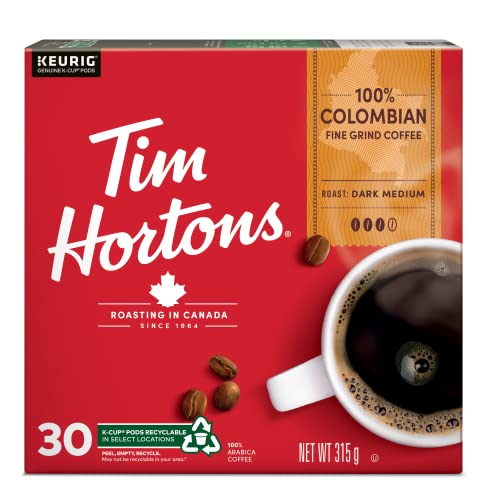 Tim Hortons 100% Colombian Coffee Pods, Keurig K-Cup Compatible Capsules, Medium Roast, 30 Count, Smooth Single Origin Coffee with Fruity Undertones