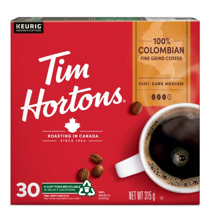 Tim Hortons 100% Colombian Coffee Pods, Keurig K-Cup Compatible Capsules, Medium Roast, 30 Count, Smooth Single Origin Coffee with Fruity Undertones