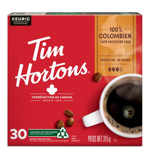 Tim Hortons 100% Colombian Coffee Pods, Keurig K-Cup Compatible Capsules, Medium Roast, 30 Count, Smooth Single Origin Coffee with Fruity Undertones