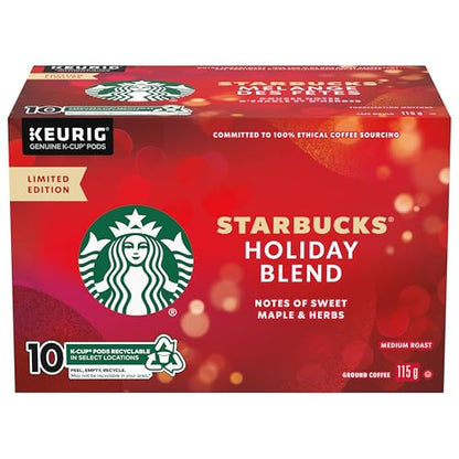Starbucks Holiday Blend Coffee Pods, Keurig K-Cup Compatible Capsules, Limited Edition Medium Roast, 10 Count, Festive Seasonal Blend with Herbal Notes