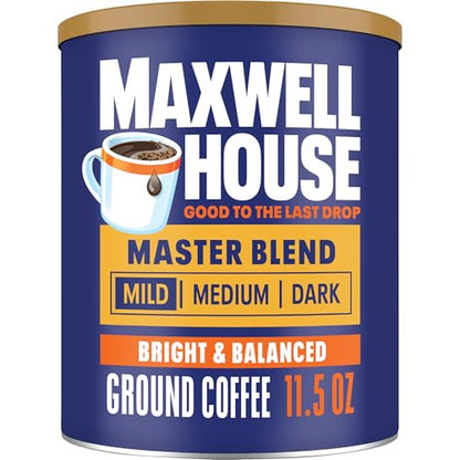Maxwell House Master Blend Ground Coffee, Mild Light Roast, 11.5 oz Canister, Mellow and Soft Breakfast Cup