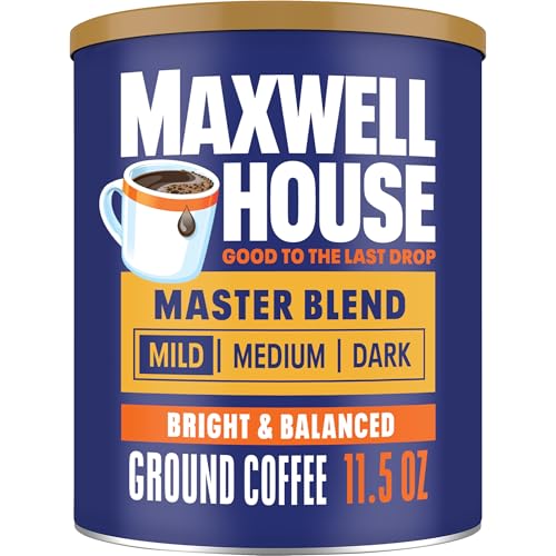 Maxwell House Master Blend Ground Coffee, Mild Light Roast, 11.5 oz Canister, Mellow and Soft Breakfast Cup