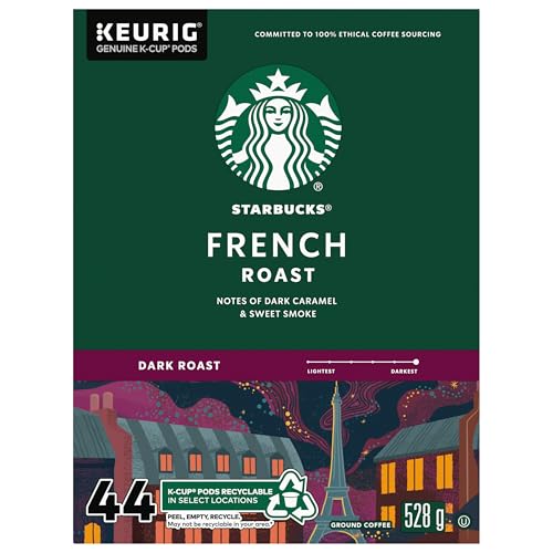 Starbucks French Roast Coffee Pods, Keurig K-Cup Compatible Capsules, Intense Dark Roast, 44 Count, Value Pack Dark Caramel and Smoky Notes
