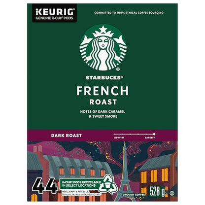 Starbucks French Roast Coffee Pods, Keurig K-Cup Compatible Capsules, Intense Dark Roast, 44 Count, Value Pack Dark Caramel and Smoky Notes
