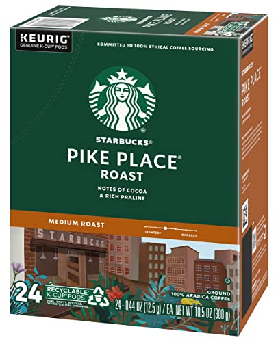 Starbucks Pike Place Roast Coffee Pods, Keurig K-Cup Compatible Capsules, Medium Roast, 24 Count, Classic Seattle Coffeehouse Recipe with Toasted Nut Notes
