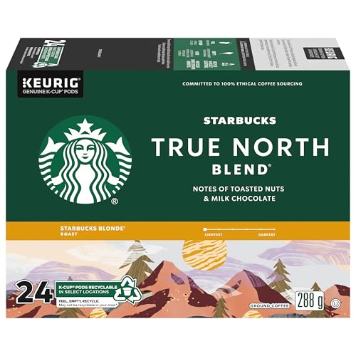 Starbucks True North Blend Coffee Pods, Keurig K-Cup Compatible Capsules, Blonde Roast, 24 Count, Smooth and Soft Light Roast Breakfast Coffee