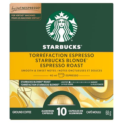 Starbucks for Nespresso Vertuo Blonde Espresso Roast Coffee Capsules, Light Roast, Aluminium, 10 Count, Espresso (1.35 oz / 40ml), Smooth Pods for Latte and Cappuccino