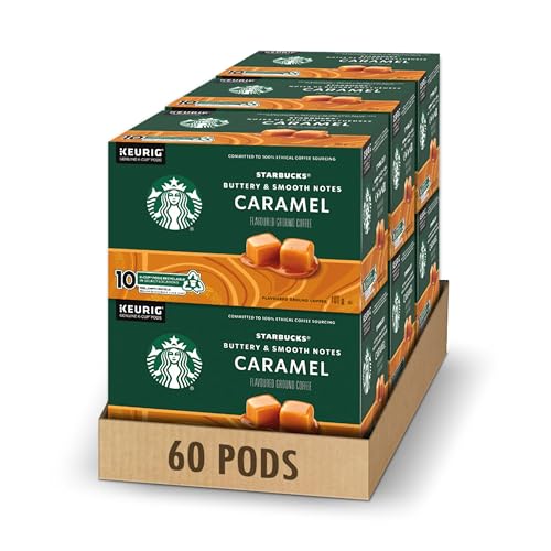 Starbucks Caramel Flavoured Coffee Pods Bulk Pack, Keurig K-Cup Compatible Capsules, Light Roast, 60 Count, Large Office Size Sweet Dessert Style Vanilla Notes