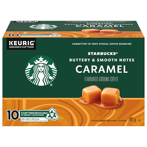 Starbucks Caramel Flavoured Coffee Pods, Keurig K-Cup Compatible Capsules, Light Roast, 10 Count, Sweet and Creamy Buttery Caramel Aromatics