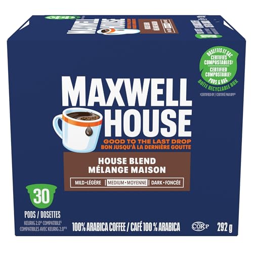 Maxwell House House Blend Coffee Pods, Keurig K-Cup Compatible Capsules, Medium Roast, 30 Count, Lively and Smooth Daily Morning Cup