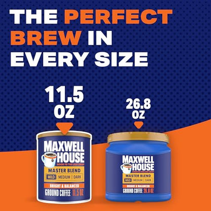 Maxwell House Master Blend Ground Coffee, Mild Light Roast, 11.5 oz Canister, Mellow and Soft Breakfast Cup