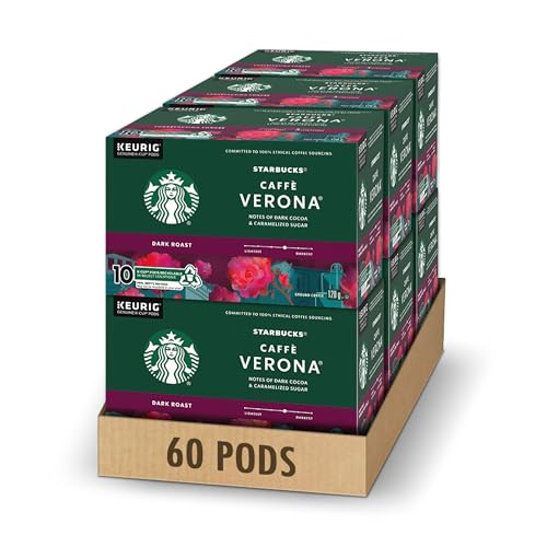 Starbucks Caffe Verona Coffee Pods Bulk Pack, Keurig K-Cup Compatible Capsules, Rich Dark Roast, 60 Count, Large Office Size Roasty Sweet Cocoa Blend