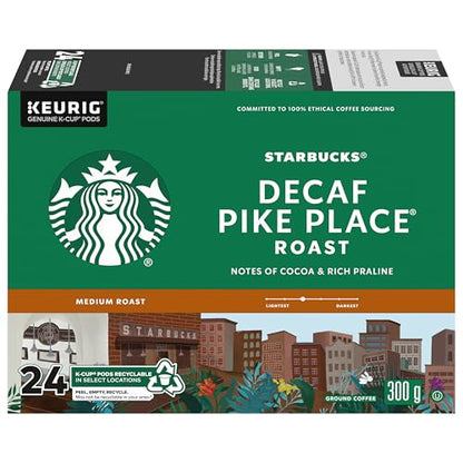 Starbucks Pike Place Decaf Coffee Pods, Keurig K-Cup Compatible Capsules, Medium Roast Decaffeinated, 24 Count, Signature Balanced Flavor Without Caffeine