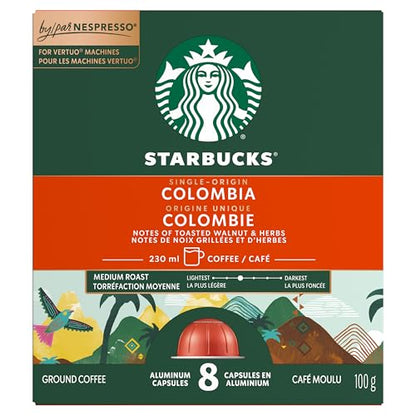Starbucks for Nespresso Vertuo Master Origin Colombia Coffee Capsules, Medium Roast, Aluminium, 8 Count, Mug (7.7 oz / 230ml), Single Origin Pods with Balanced and Fruity Notes