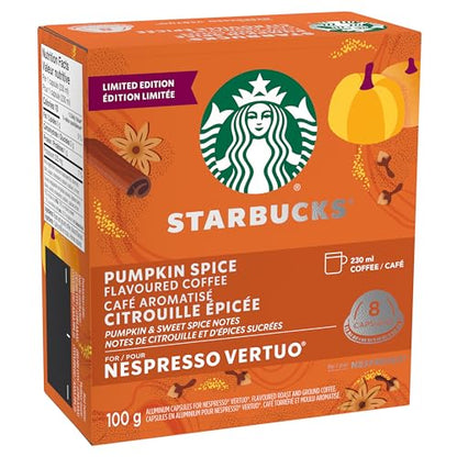Starbucks for Nespresso Vertuo Pumpkin Spice Coffee Capsules Bulk Pack, Limited Edition Blonde Roast, Aluminium, 32 Count (4 x 8), Mug (7.7 oz / 230ml), Festive Flavored Pods